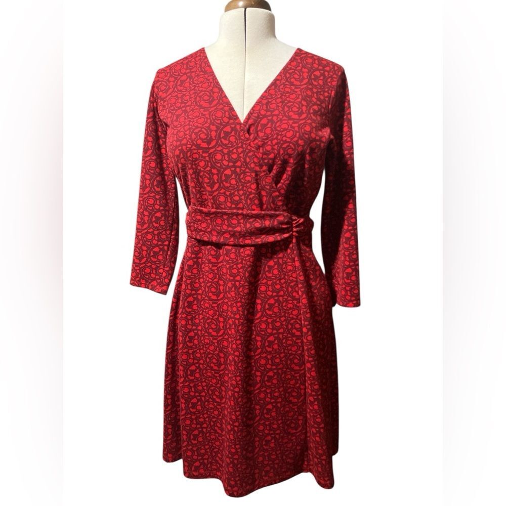 Lands’ End Wrap Dress Size M Red A Line Casual Brunch Church